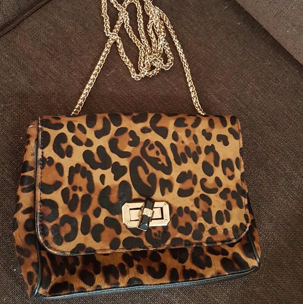 Leopard print gold chain crossbody shouldre bag